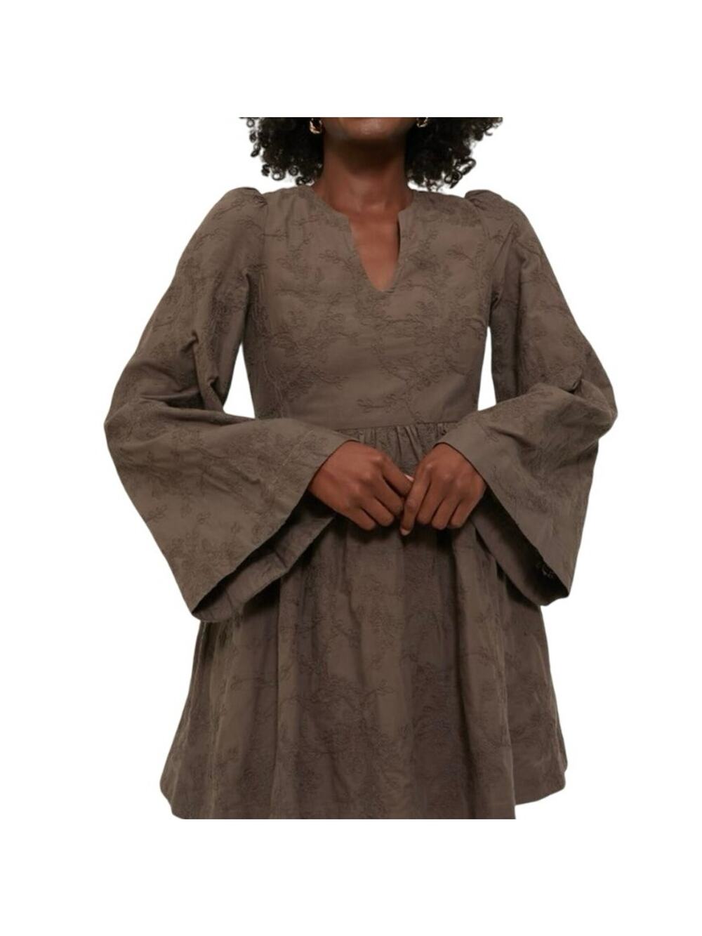 New Tuckernuck Hyacinth House Brown Textured Becca Bell-Sleeved Dress S 1606-11
